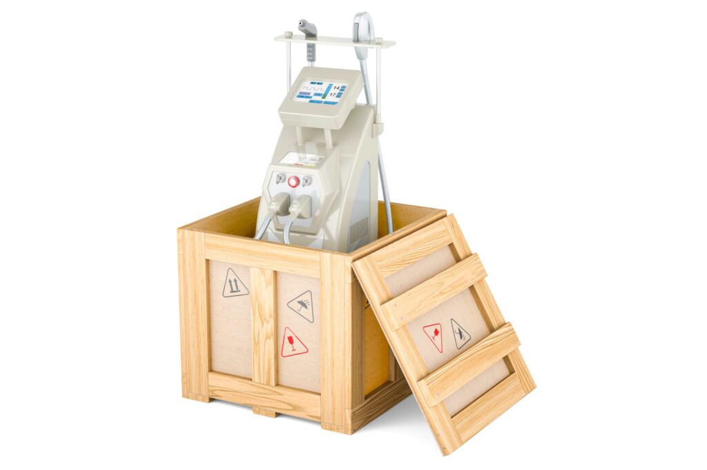 Medical equipment securely packed inside a wooden shipping crate for safe transportation